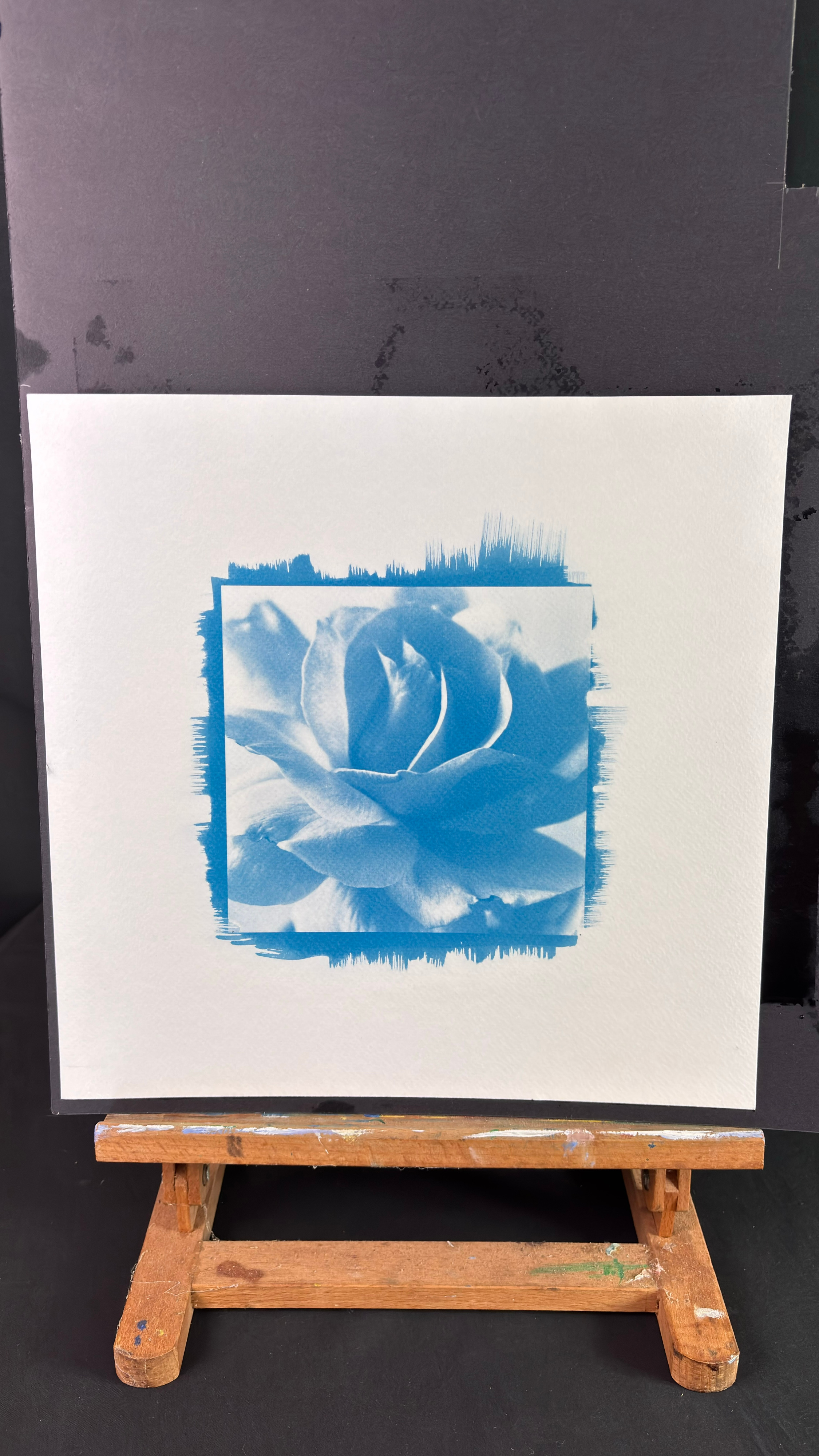 A square cyanotype print of a rose, displayed on a small, paint-marked wooden easel against a dark background. The flower fills the central image, its layered petals rendered in pale blue, white and deeper cyan shadows. Uneven blue brush marks extend beyond all four edges of the image, particularly across the top and bottom, revealing how the sensitiser was applied. A broad border of warm white, lightly textured watercolour paper surrounds the print.